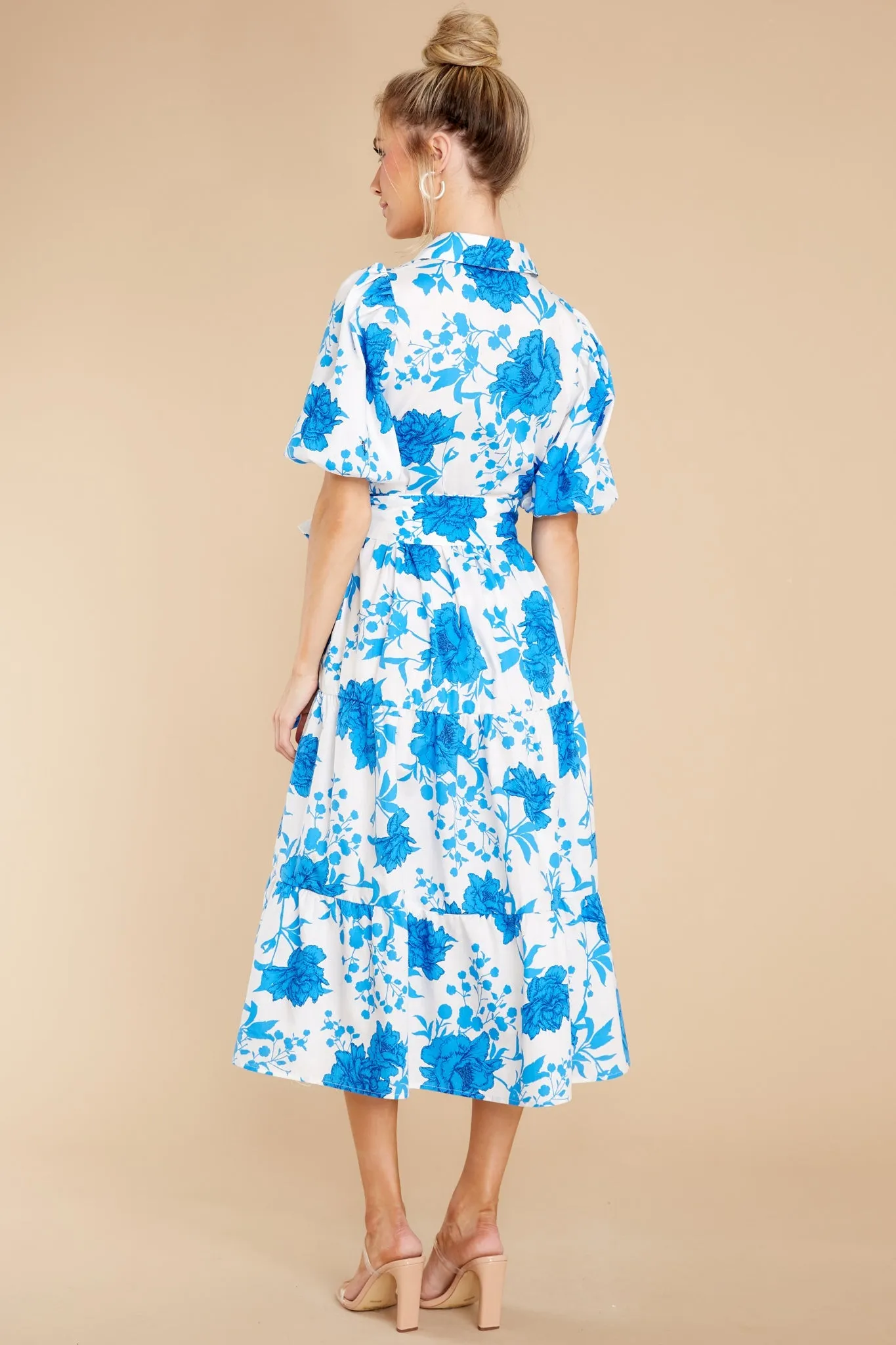 Timeless Touch White And Blue Floral Print Midi Dress