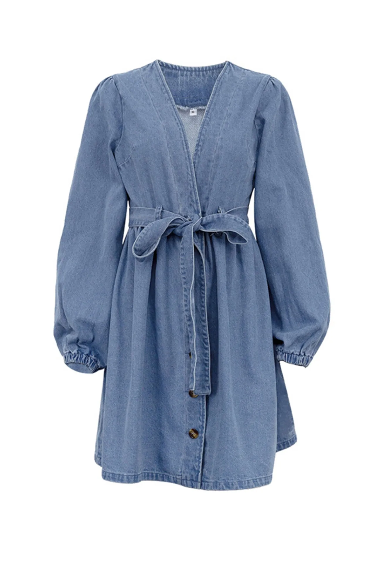 V Neck Button Front Lace Up Denim Dress