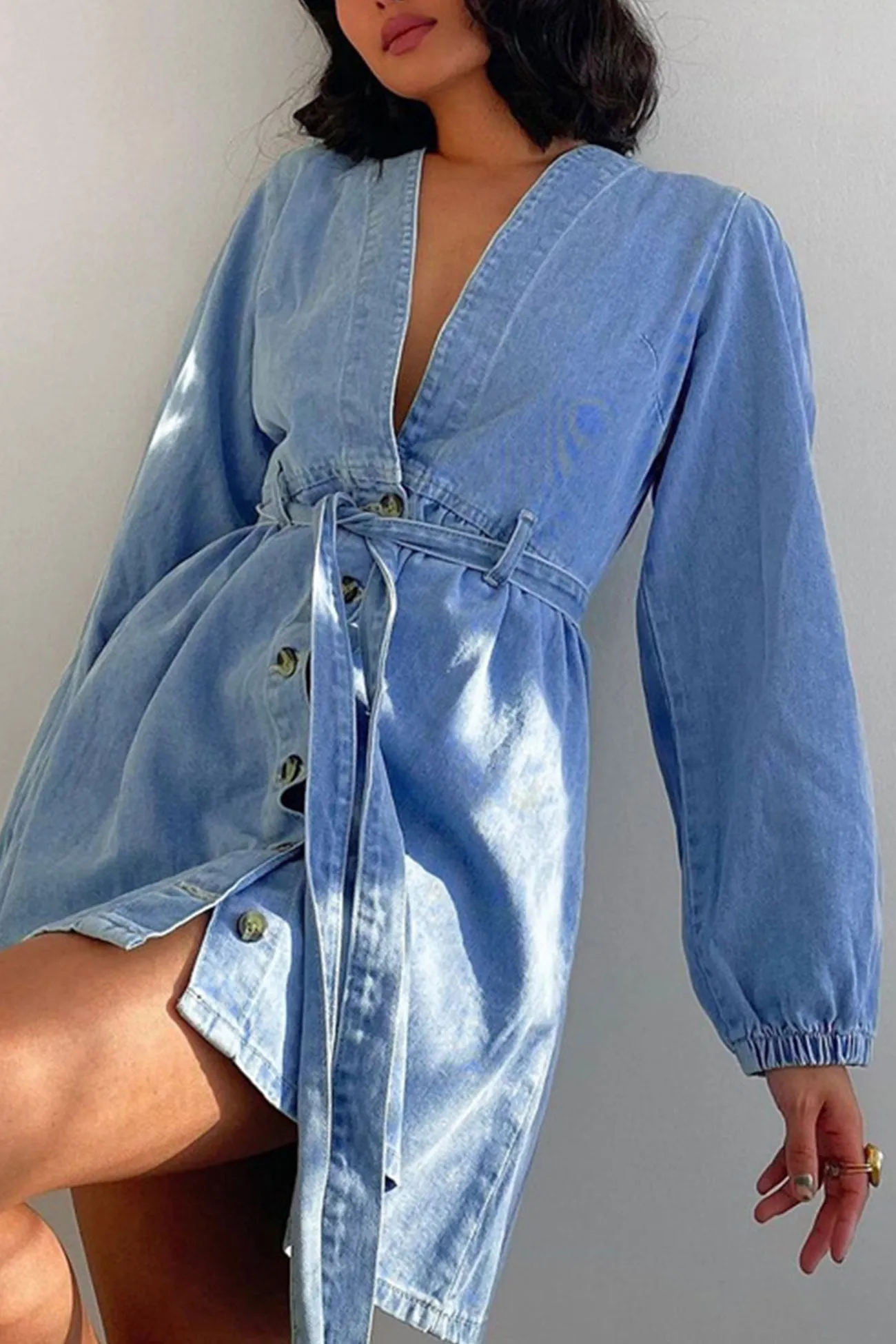 V Neck Button Front Lace Up Denim Dress