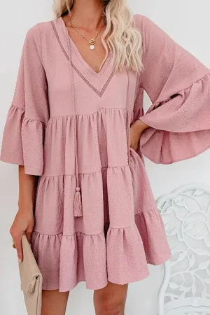 V Neck Ruffles Loose Mini Dress