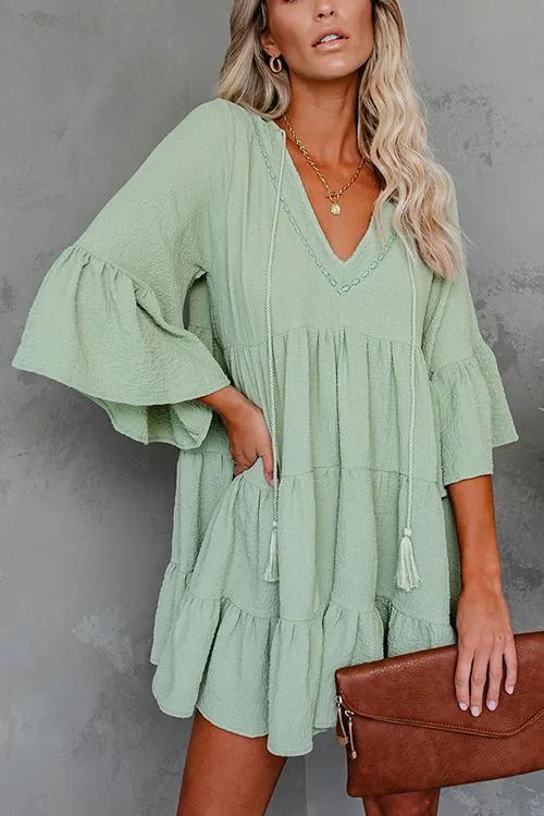 V Neck Ruffles Loose Mini Dress