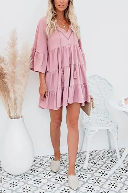 V Neck Ruffles Loose Mini Dress