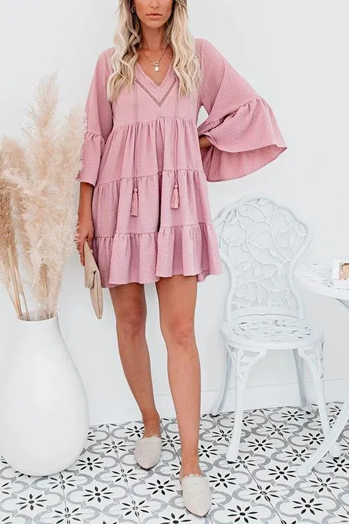 V Neck Ruffles Loose Mini Dress