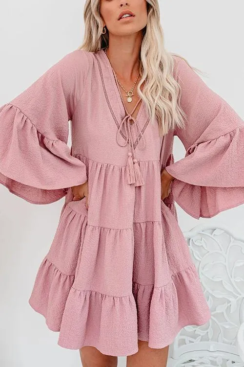 V Neck Ruffles Loose Mini Dress