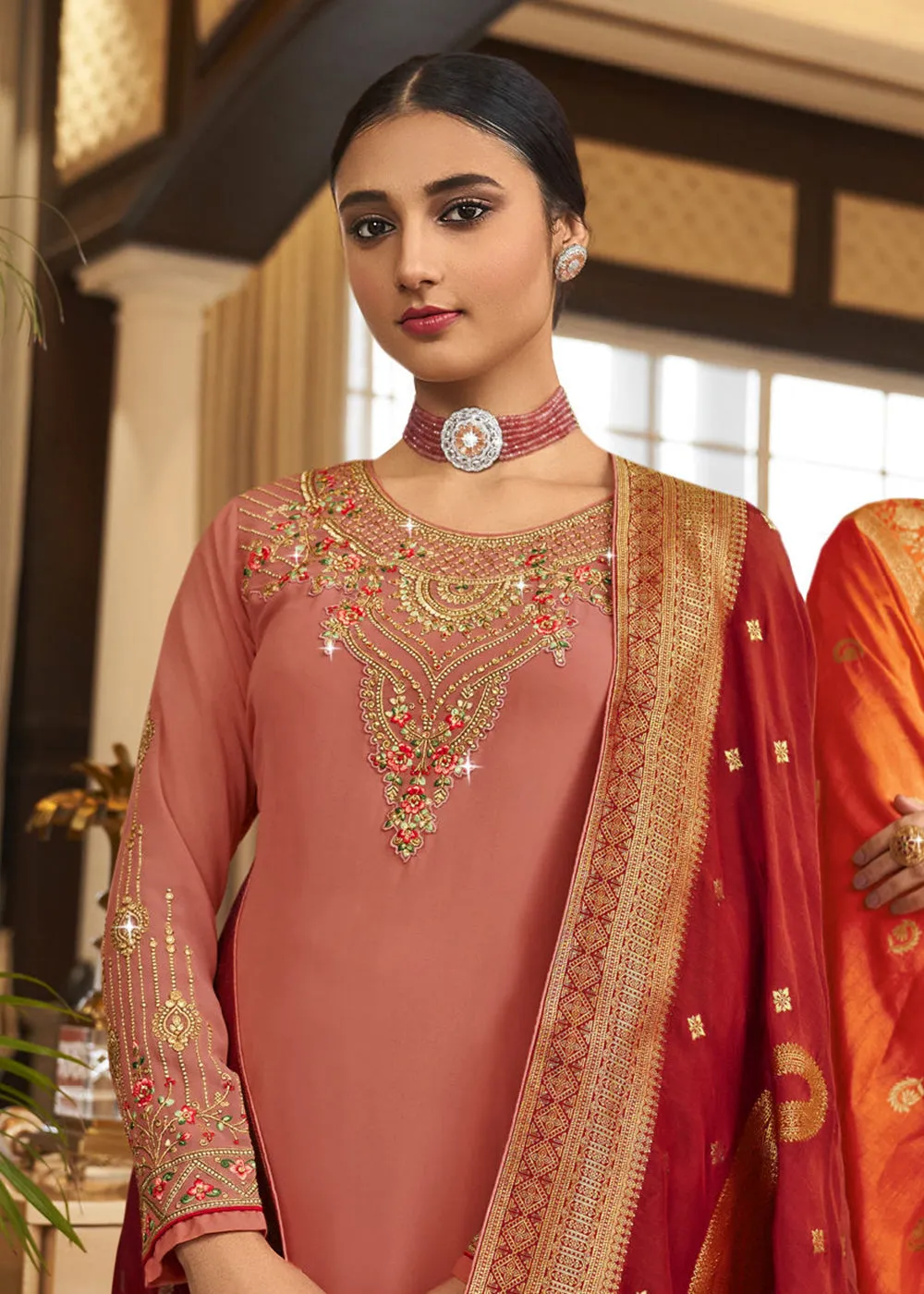 Wedding Party Incredible Dusty Pink Thread & Zari Salwar Suit