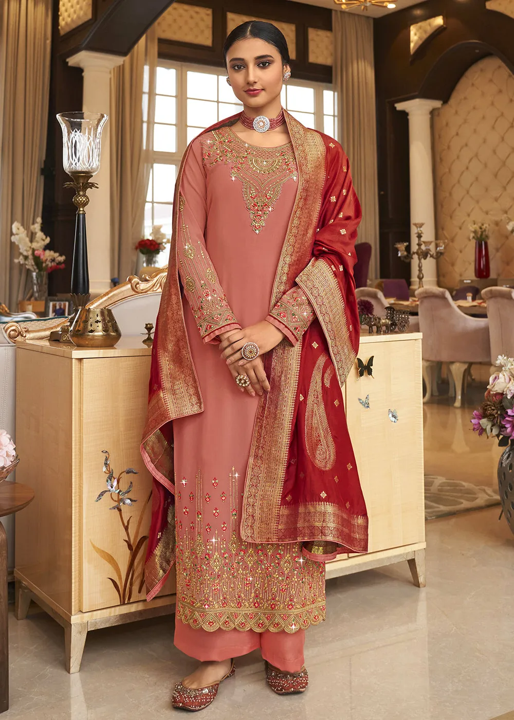 Wedding Party Incredible Dusty Pink Thread & Zari Salwar Suit