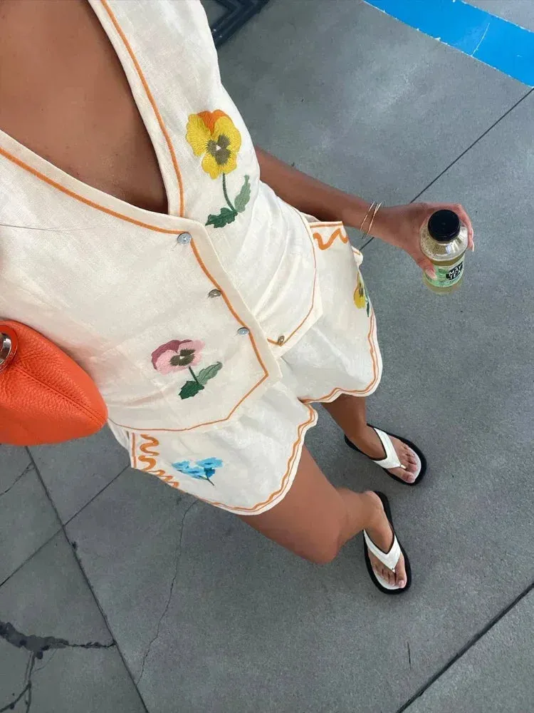 Wenkouban 2024 Summer Women Printed Shorts 2 Pieces Set Sleeveless Vest V Neck Single Breasted Waistcoat Pockets Short Suit Lady Outfit