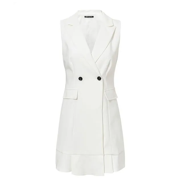 White Blazer Work V-neck Ruffle A-line Slim Sleeveless Party Office Ladies Short White Dress