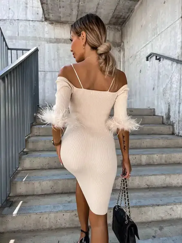 Women’s Knitted Sexy One-Line Neck Fur Sleeve Dress