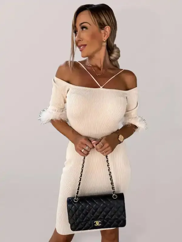 Women’s Knitted Sexy One-Line Neck Fur Sleeve Dress