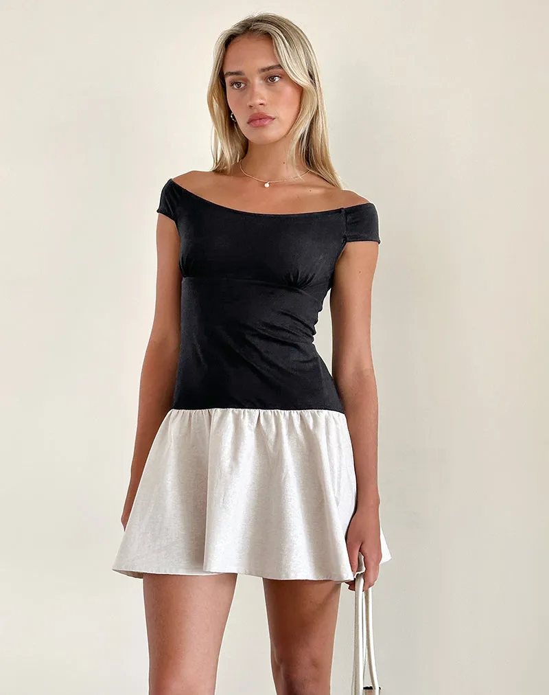 Yael Mini Dress in Lycra Linen Black and Ecru